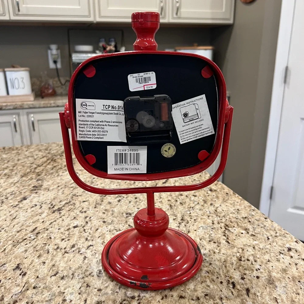 Retro Red Metal Tabletop Swivel Clock Distressed Farmhouse Decor Item 34895
